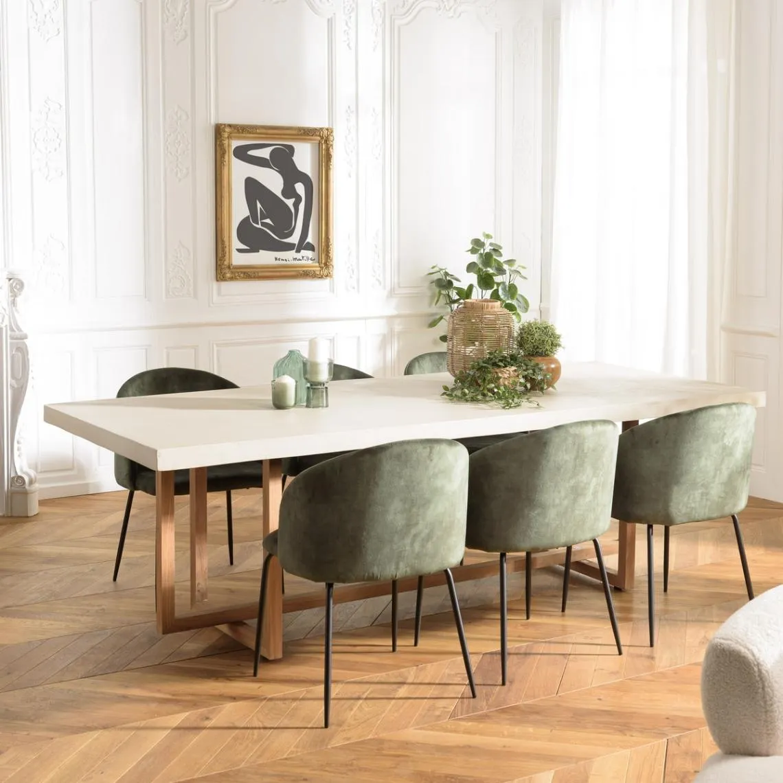 Table à manger rectangulaire béton beige pieds croisés en teck DAK | 3 Suisses